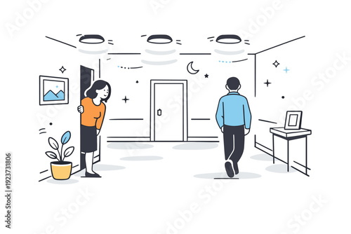 Pulsing Hallway Mystery. Unsteady light atmosphere. A hallway with overhead lighting that pulses gently, leaving soft variations of shadow across walls and the