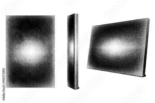 Halftone Texture Views. Halftone video overlay texture described as a single abstract overlay object shown in three views: front view, side view, and