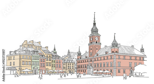 Elegant linear sketch of historical cityscape with clock tower and colorful architecture