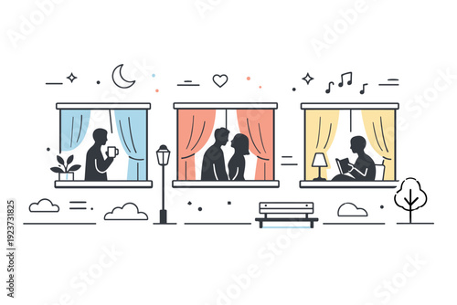 People through curtains in an urban setting. Silhouettes appear behind large windows with curtains, hinting at life inside buildings. Quiet