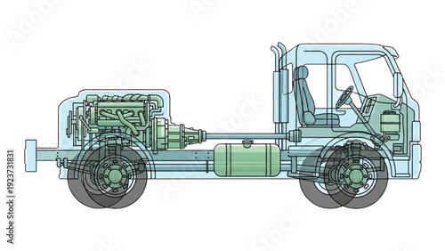 Detailed vehicle autocad blueprint of a truck chassis with engine and cabin in a technical drawing style