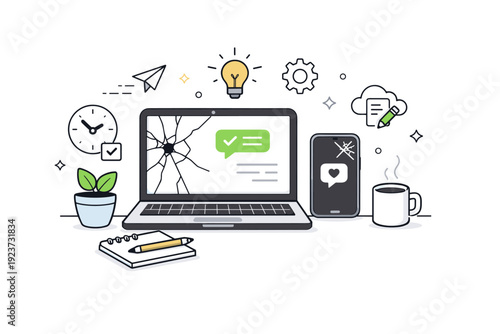 Cracked but working tech. Minimal desktop scene with slightly damaged but running tech devices surrounded by calm productivity icons. Subtle