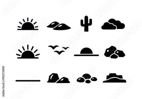Desert sunrise. Filled icon set of Desert sunrise: rising sun, dunes, cactus, clouds, sun
