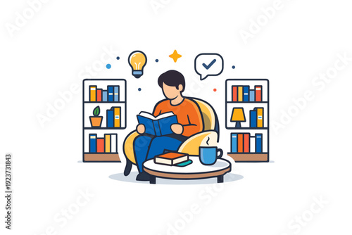 Library quiet reading space with bookshelves and a seated reader, expressing focus, knowledge and a calm atmosphere of learning and reflection. Minimalist flat