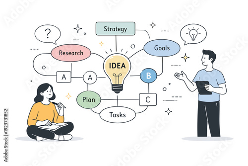 Ideation frameworks. Abstract mind-mapping scene with simple nodes, connecting lines and idea bubbles, showing structured brainstorming in