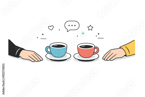 Between conversations. Editorial scene with coffee cups placed between two people, hands resting on the table. Subtle visual pause in a warm