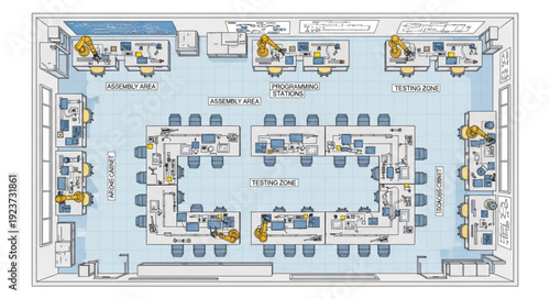 Office layout plan with desks, chairs, and workstations for employees to work.