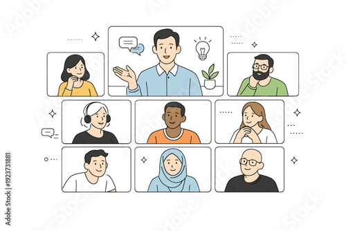 Remote leadership communication. Video call grid with a leader speaking while team members listen attentively. Balanced focus on clarity, empathy,