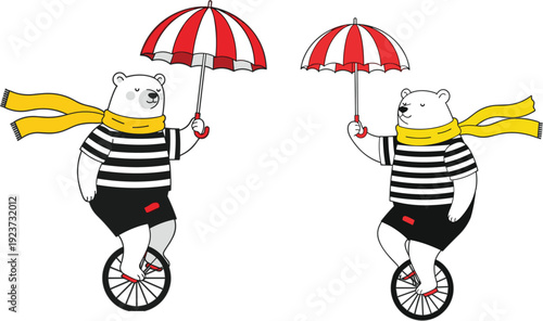 Cute polar bear characters riding unicycles while holding red umbrellas and wearing yellow scarves on a white background