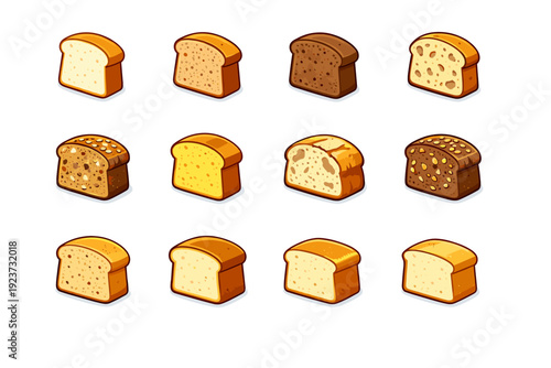Bread Types. Colorful isometric vector icons set of Bread Types: white bread slice, wheat bread slice, rye bread slice, sourdough slice,