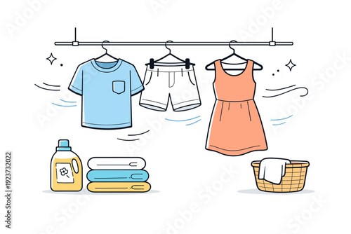 Laundry routine. Freshly washed clothes hanging on a rack or line, gently spaced. Light feeling of freshness and care, with simple airflow