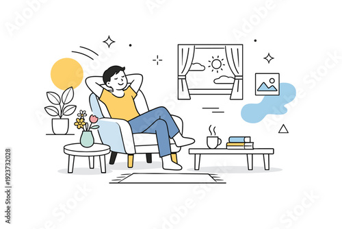 After spring cleaning. A person relaxing in a clean, bright room with fresh flowers and open space. Feeling of clarity, comfort, and renewal