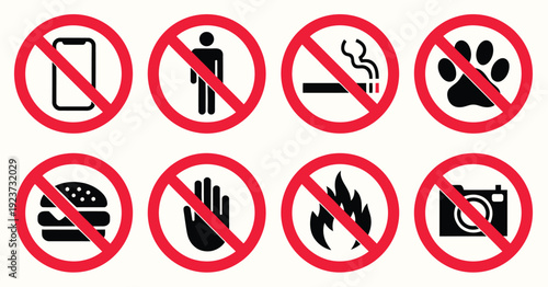 No entry and prohibition icons in vector format showing no smoking, no pets, no littering, no cell phone, do not touch, no fire, and no photography for public safety design