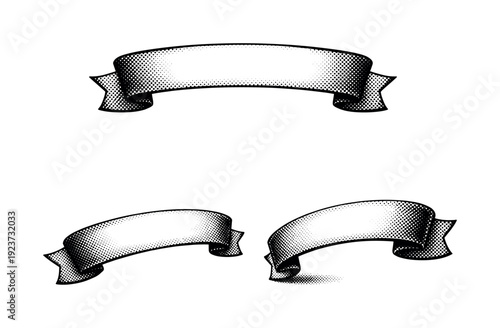 Halftone curved banner A curved banner form shown in straight-on view, tilted view, and three-quarter perspective emphasizing arc and depth.