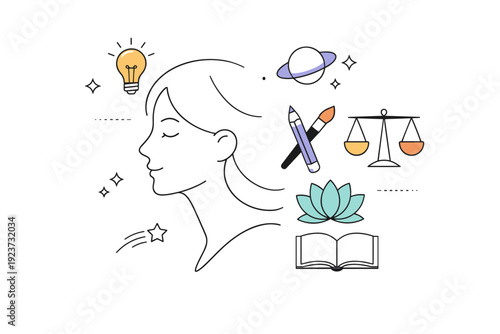 International Women?s Day backgrounds. Female profile combined with abstract symbols of creativity and balance. Thoughtful and inspiring mood