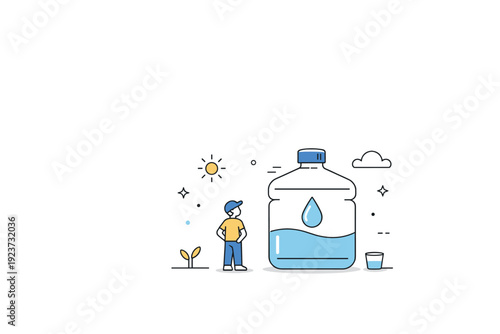Water scarcity lifestyle visuals. Wide composition with a small figure beside a water container, large empty space around. Minimal editorial scene expressing