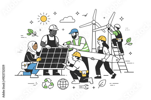 Green Energy Collaboration. Just transition to green energy. Workers from different backgrounds installing solar panels and wind turbines together. Fair