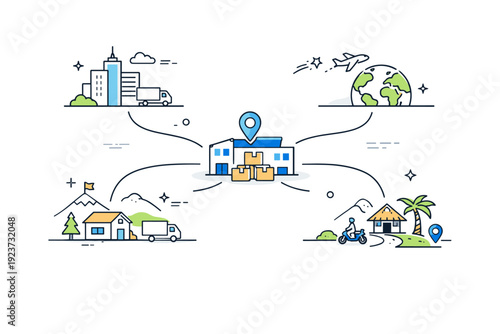 Last-mile and global reach. A central hub distributing parcels outward to many destinations, from cities to remote areas, using simple