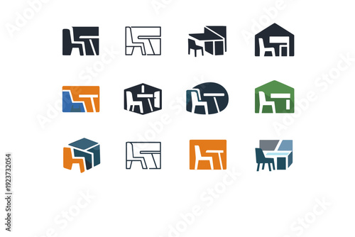 Compact living. Icon set. Set Logo of compact living: foldable furniture space. harmonious logo variations of the same emblematic concept,