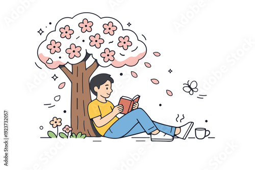 Springtime leisure reading outdoors ? Reading under a blooming tree. Person leaning against a trunk with a book, petals gently falling,