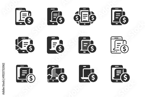 Paying bills online. Icon set. Set Logo of Paying bills online: phone payment with currency. harmonious logo variations of the same