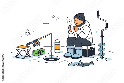 Ice fishing leisure setups. Person warming hands with a hot drink next to fishing gear on the ice. Cozy contrast between cold environment and