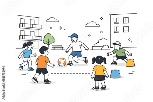 Courtyard Ball Game. Casual street games in courtyards. Group of kids playing with a ball between apartment buildings, simple goal marked by bags or lines.