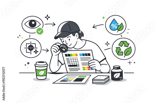 Green printing quality check. A technician reviewing ink coverage and print sharpness under soft lighting, using minimal-waste materials.