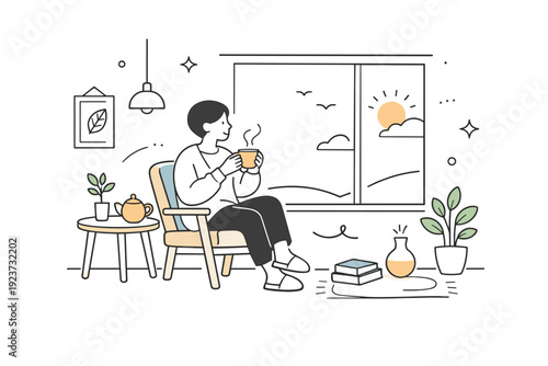 Modern slow-life aesthetics. A quiet morning interior with a person enjoying tea near a large window, soft daylight and minimal furniture