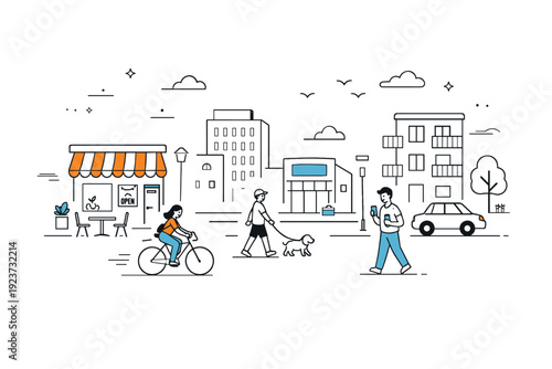 Minimal Urban Street. Urban street scene. City buildings along a quiet street, light perspective and open space. Everyday urban rhythm with minimal details and