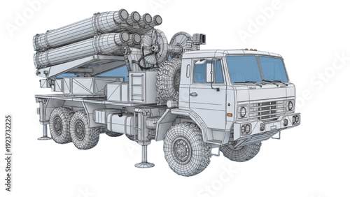 Detailed vehicle autocad blueprint of a large military truck with missiles on a simple white background from a slight angle