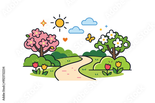 Casual walk in spring park simple path surrounded by fresh greenery and blossoms, reflecting slow living, clarity and seasonal joy.