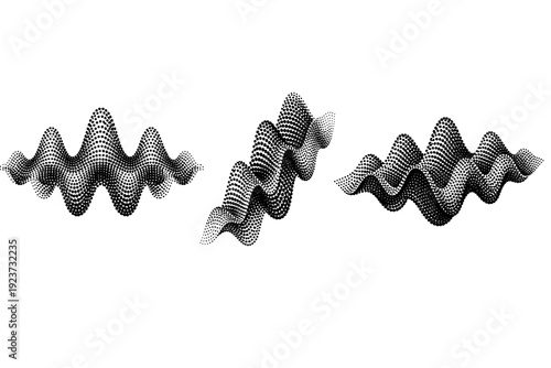 Waveform dotted ripple A waveform-style ripple object shown in three views including straight-on view, rotated view, and three-quarter angled