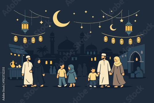 Ramadan Night Serenity. Ramadan night city atmosphere. A calm editorial scene of a softly lit city street with lanterns, crescent moons, and families walking