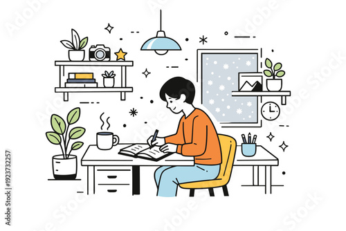 Indoor hobby studios winter use. Home studio with plants, shelves, and a person writing or journaling, snowflakes softly visible outside. Reflective winter