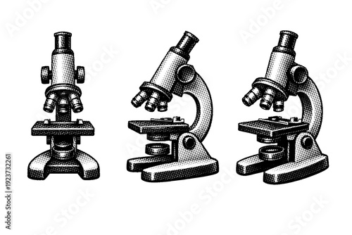 Educational icon microscope laboratory microscope educational icon shown as a single object from three different angles: front view, side