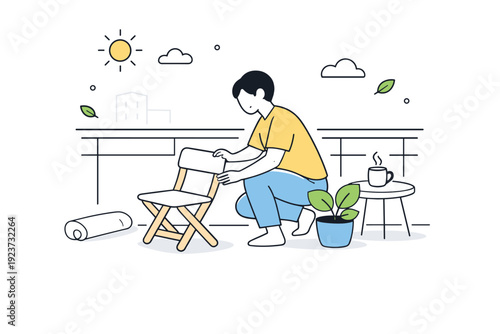 Balcony tidying rituals. A person gently arranges a small chair and plant on a compact balcony, creating more open space. The scene feels