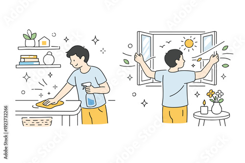 Spring cleaning at home. Light and calm home interior with a person wiping surfaces and opening windows. Fresh air, tidy shelves, and small