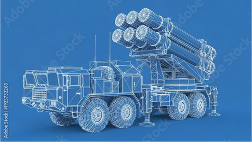 Detailed vehicle autocad blueprint of a military truck with missiles on a blue background viewed from the side