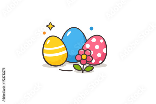 Easter holiday concept colorful eggs and a small spring flower arranged as a friendly seasonal symbol, conveying joy, renewal and a warm