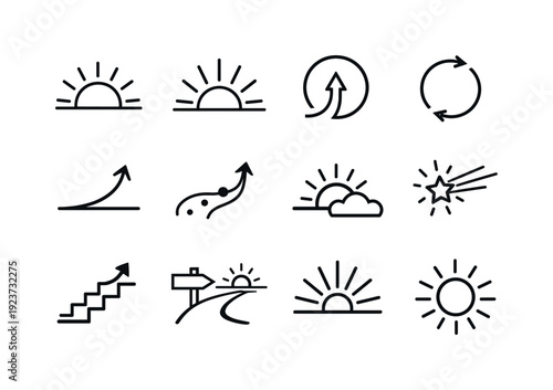 Symbolic sunrise. Line outline icon set of symbolic sunrise: rising sun icon, upward rays,