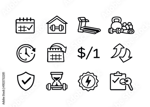 Short-Term Fitness Rentals. Line outline icon set of Short-Term Fitness Rentals: short term
