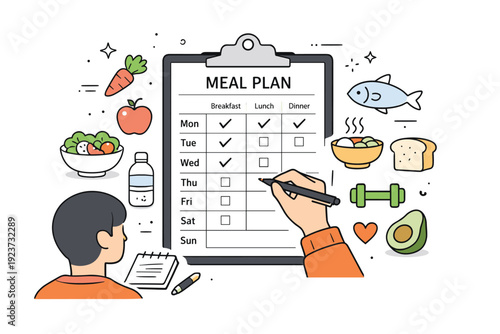 Meal planning visuals. A person reviewing a weekly meal plan on a clipboard with simple food icons nearby, calm and organized preparation. The scene suggests