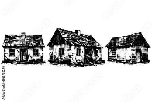 Abandoned house rural cottage. A small rural cottage with sagging roof, irregular stone or plaster walls, broken doors, and visible decay