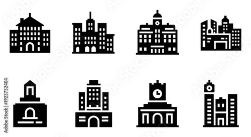 Silhouette icons of diverse buildings and landmarks in monochrome style