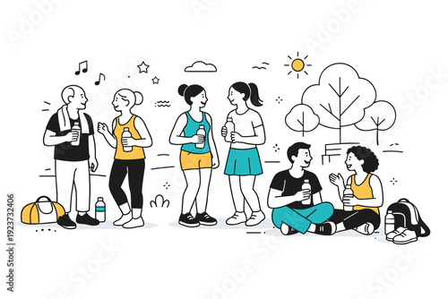 Outdoor dance classes in parks. Short break between dances, participants chatting and drinking water, relaxed social connection and recovery,