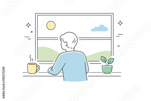 Time without plans. A person calmly staring out a window, not focused or preoccupied, surrounded by visual stillness. Quiet idleness and