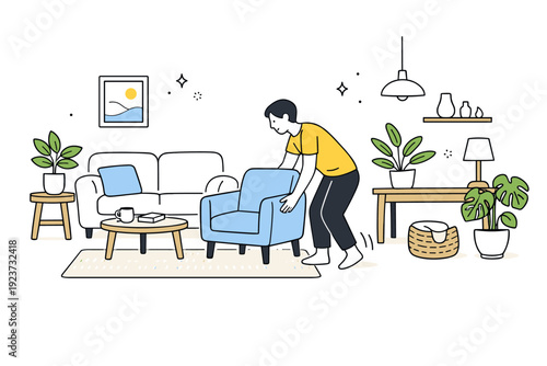 Seasonal interior refresh. Person rearranging furniture and adding fresh plants in a bright living room. Calm renewal mood with light