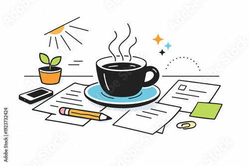 Film-like grain aesthetics. Coffee cup on a desk with scattered papers, light streaming in with soft grain over surfaces. Everyday objects