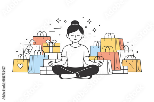 Consumer overload visual metaphor. Shopping bags stacked around a person who pauses with closed eyes. Gentle depiction of burnout from excess